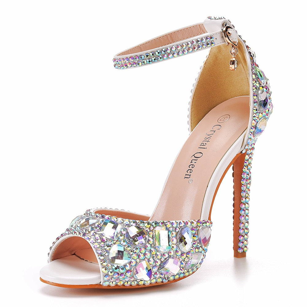 Peep Toe Große Farbige Strass Knöchelriemen Stiletto Absätze