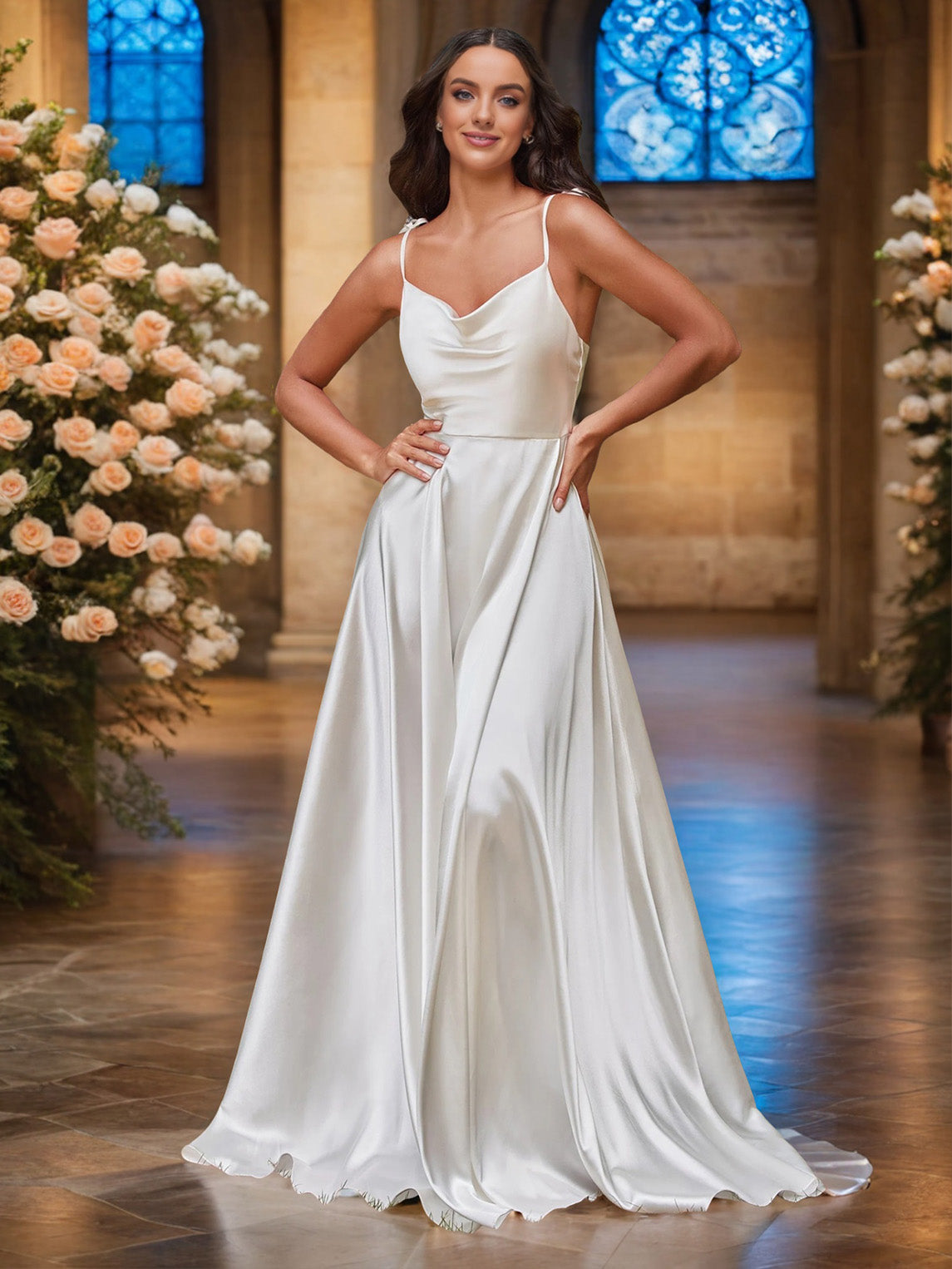 Einfaches ärmelloses Hochzeitskleid mit Spaghetti-Trägern aus elastischem Satin