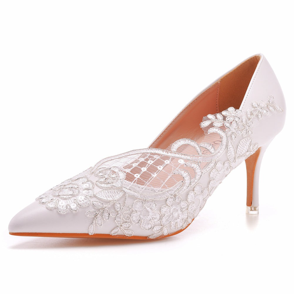 Hochzeitsschuhe Für Damen Weiße Spitze Spitze Zehen High Heels