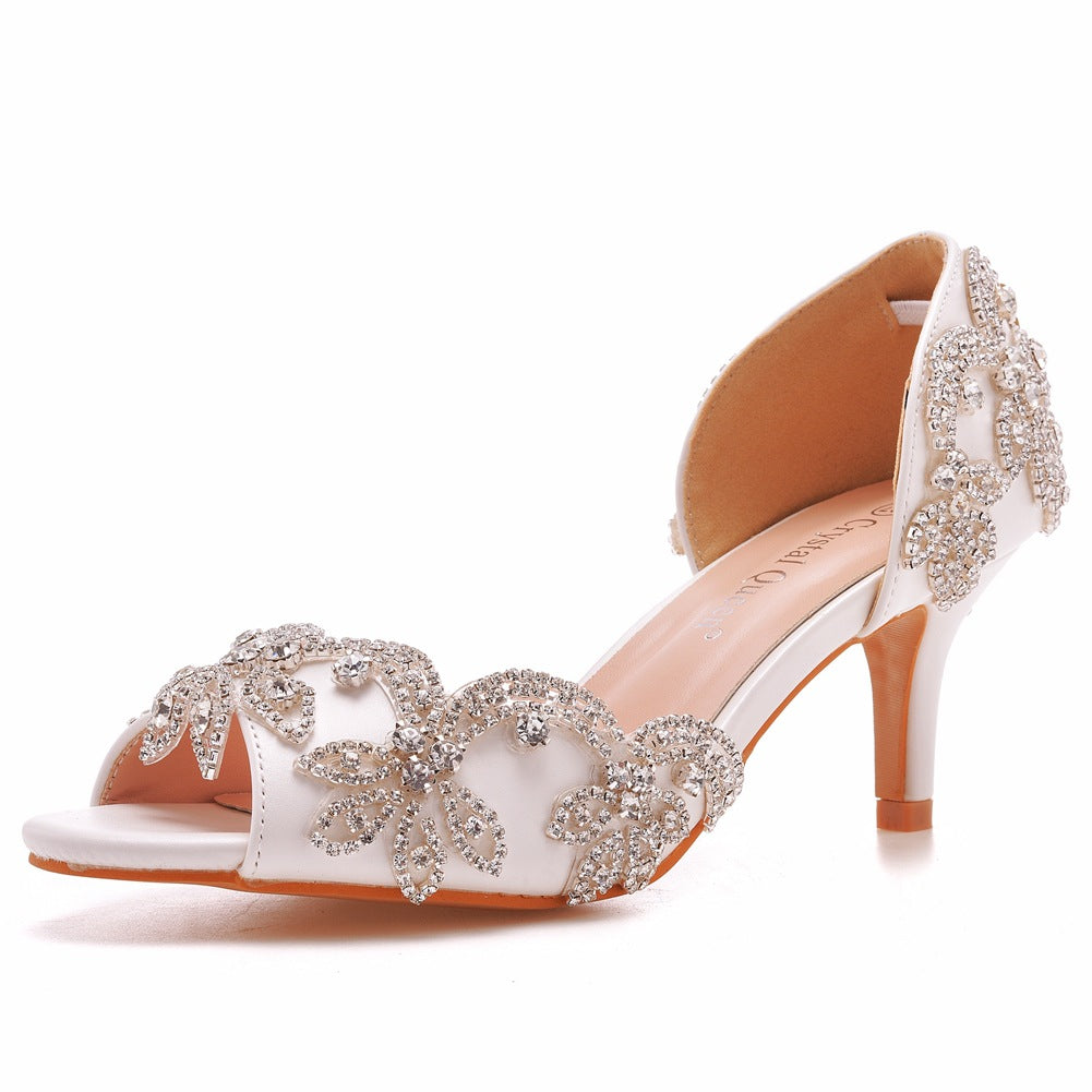 Peep Toe Satin Rhinestone Slip On High Heels