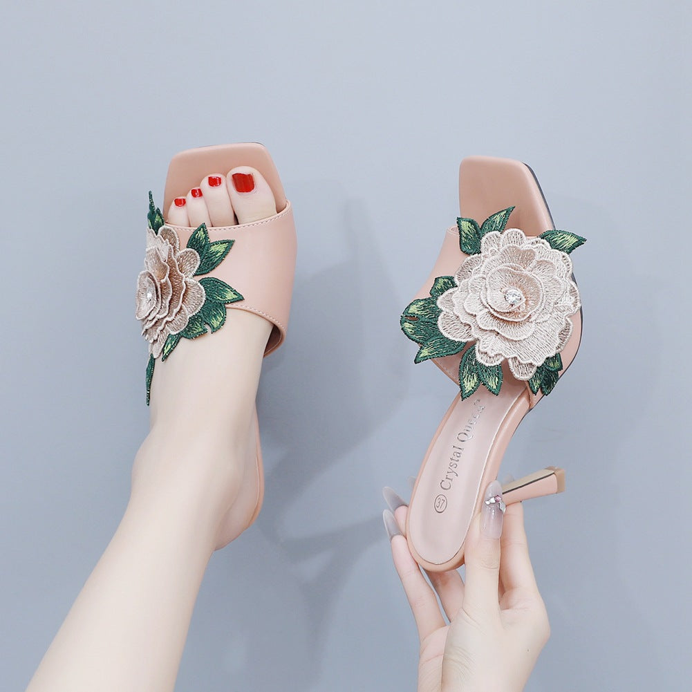 Embroidered Flower Square Toe Fish Mouth High Heeled Sandal Slippers