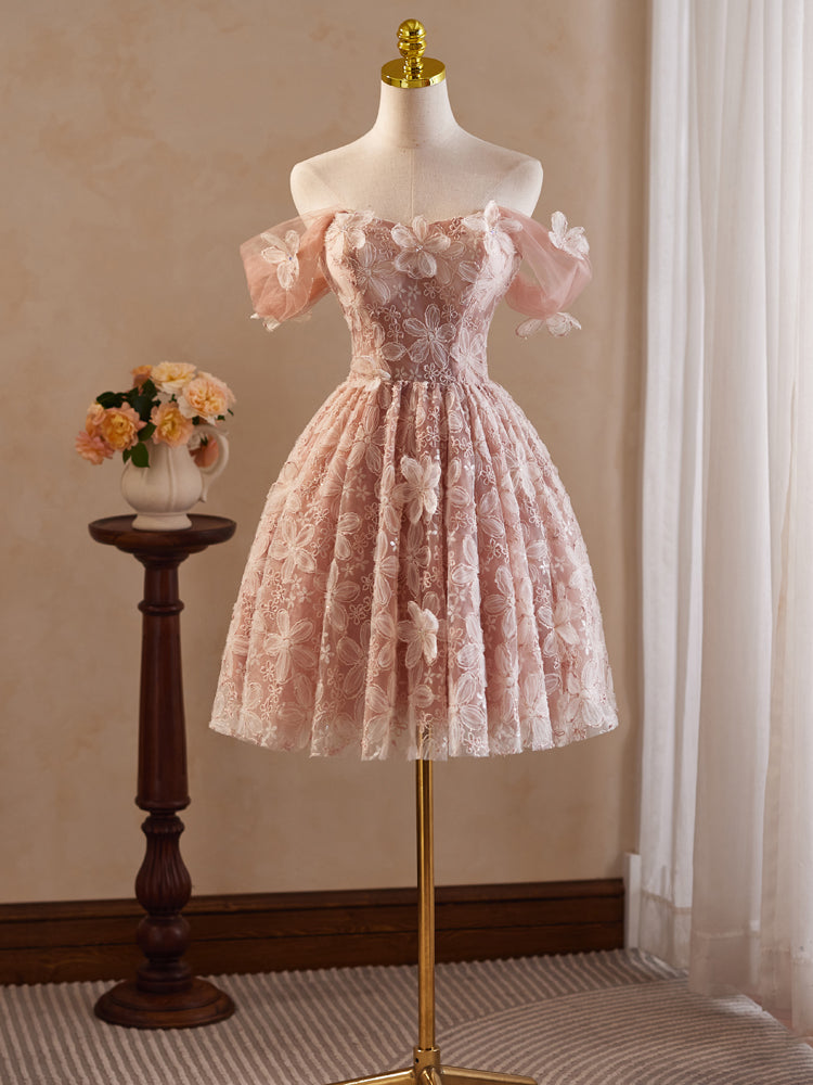 Rosa Vintage schulterfreies Ballkleid mit Blumenapplikationen