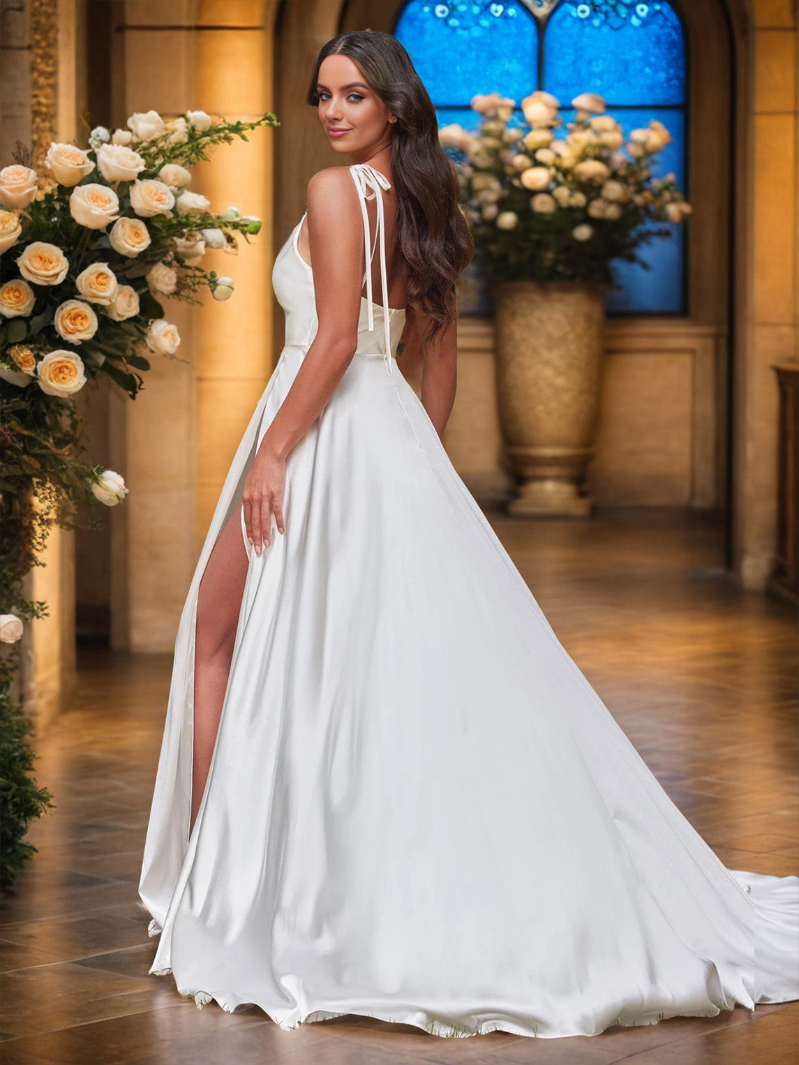 Einfaches ärmelloses Hochzeitskleid mit Spaghetti-Trägern aus elastischem Satin