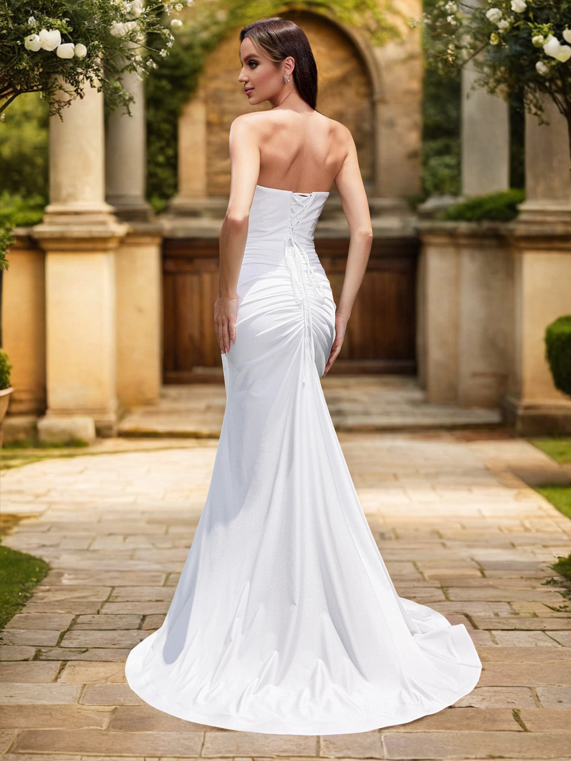 Trägerloses ärmelloses Meerjungfrau Stretch Satin Langes Hochzeitskleid