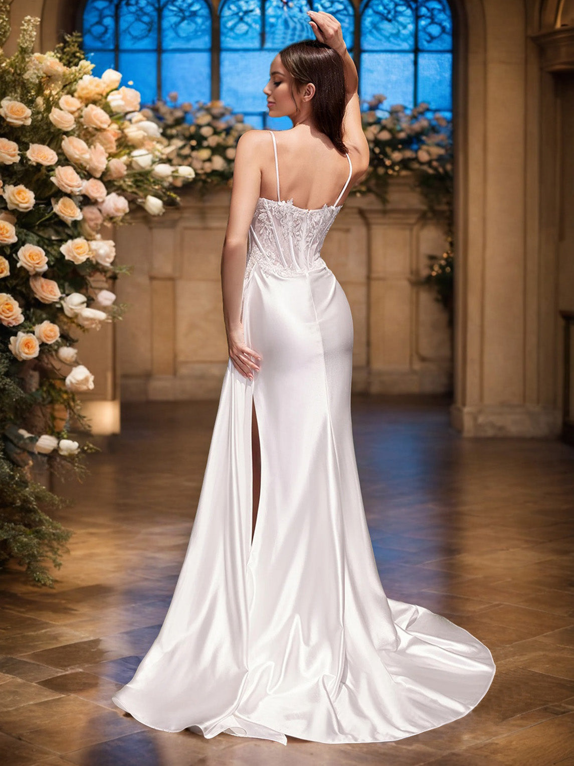 Spaghetti-Träger Stretch Satin Elfenbein Schlitz Brautkleid