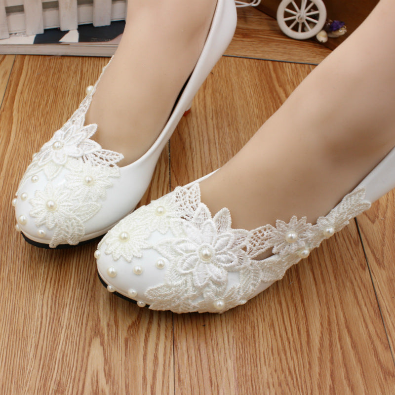 Klassische Pure Weiß Spitze Floral Peal verschönert Hochzeit Schuhe