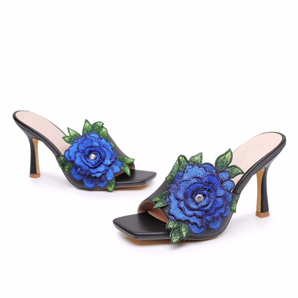 Embroidered Flower Square Toe Fish Mouth High Heeled Sandal Slippers