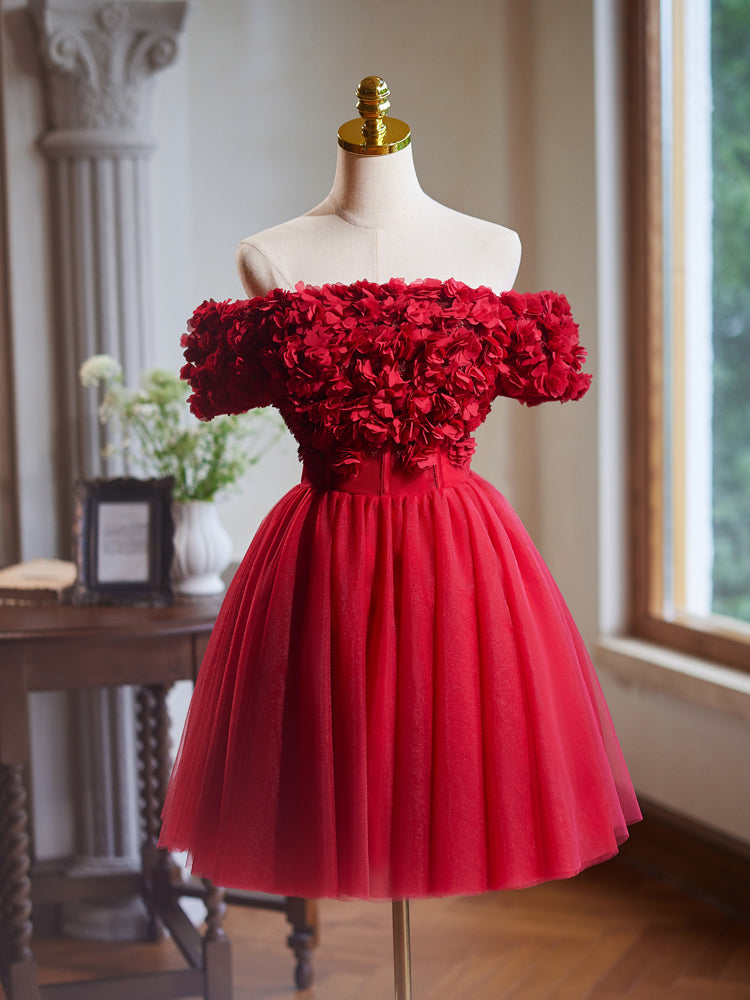 Schulterfreies Blumenmusterkleid aus Tüll Kurzes Ballkleid