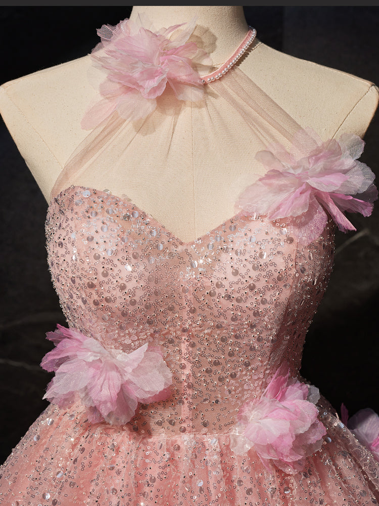 Prinzessin Rosa Halter ärmellose Ballkleider mit 3D-Blumen-Applikationen