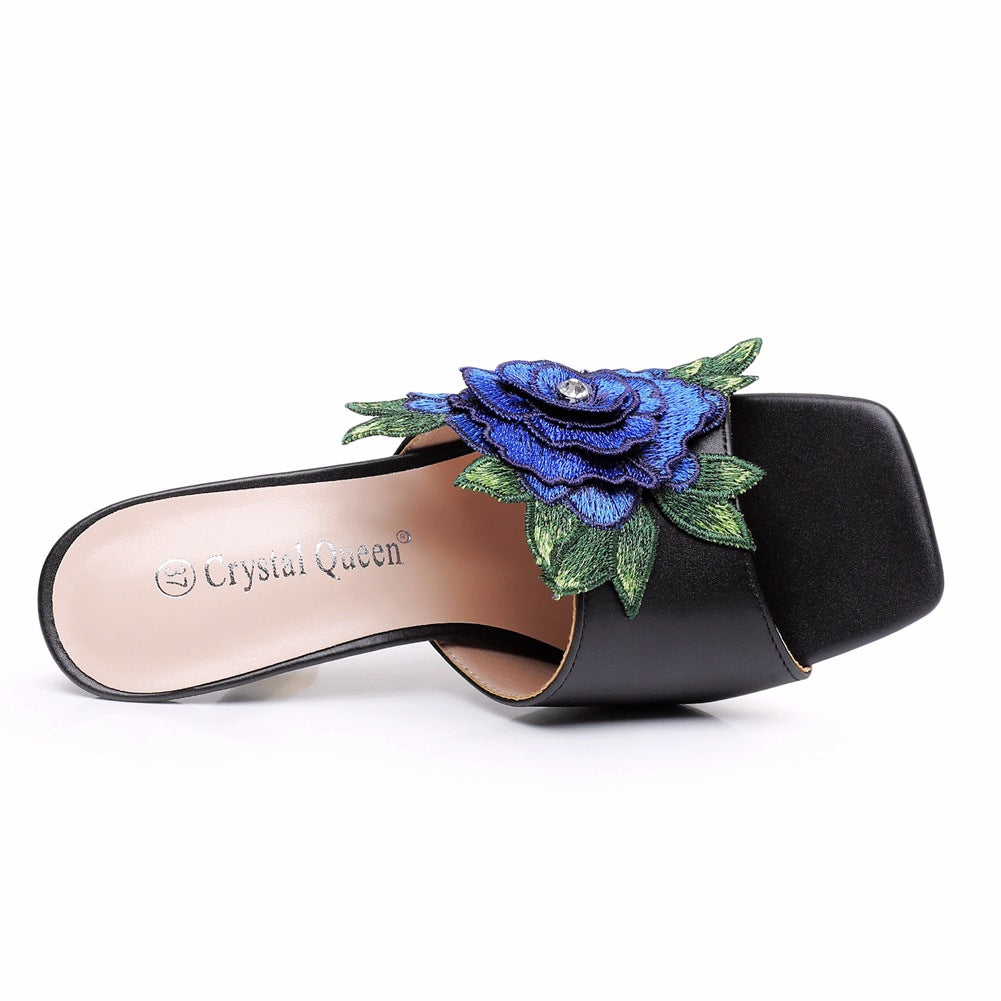 Embroidered Flower Square Toe Fish Mouth High Heeled Sandal Slippers