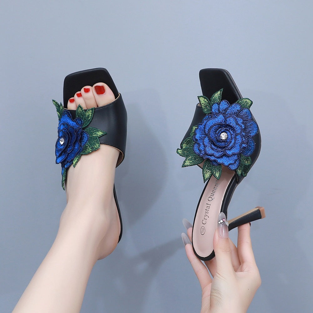 Embroidered Flower Square Toe Fish Mouth High Heeled Sandal Slippers