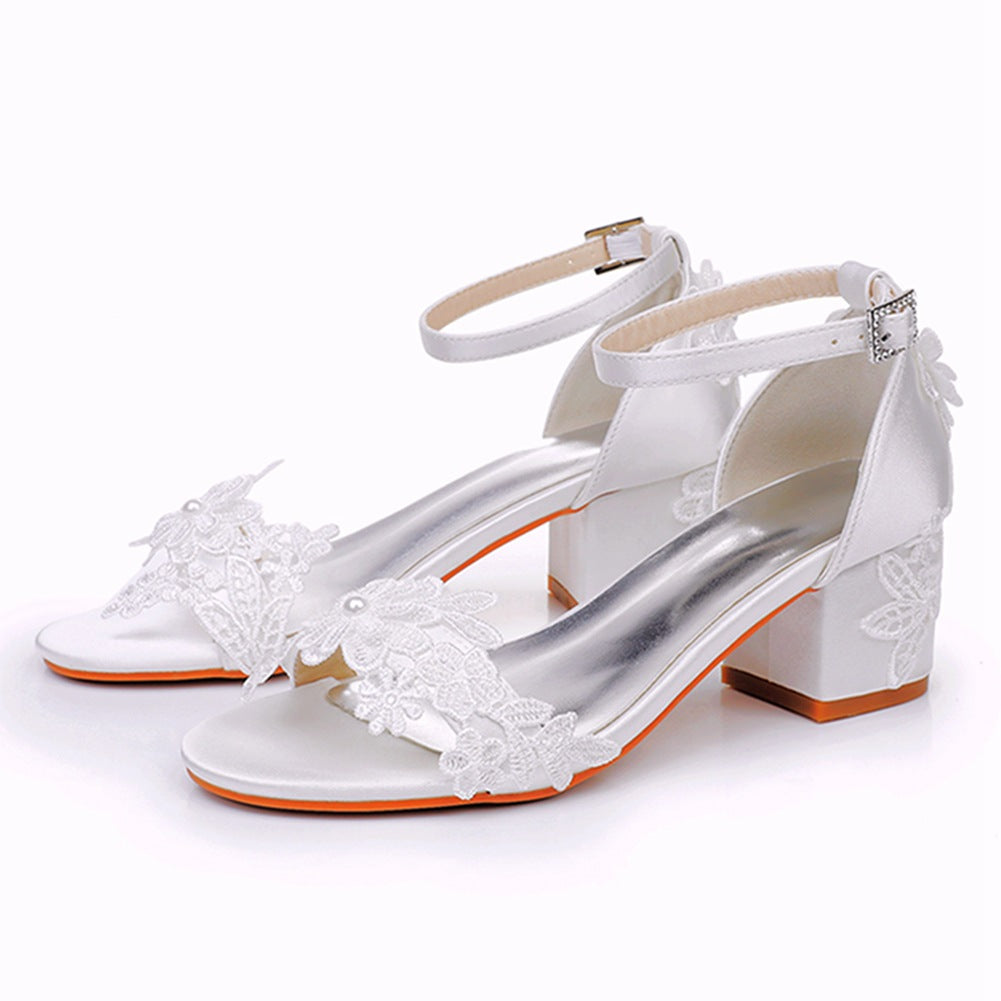 Chunky Sandalen Weiß Spitze Blume Braut Hochzeit Schuhe