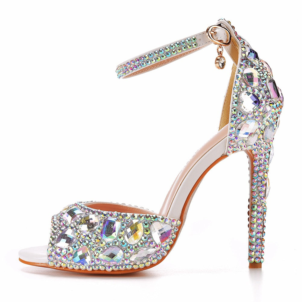 Peep Toe Große Farbige Strass Knöchelriemen Stiletto Absätze