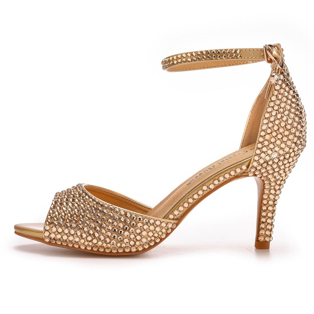 Strass Flache Peeptoe-Knöchelriemen-High-Heel-Sandalen