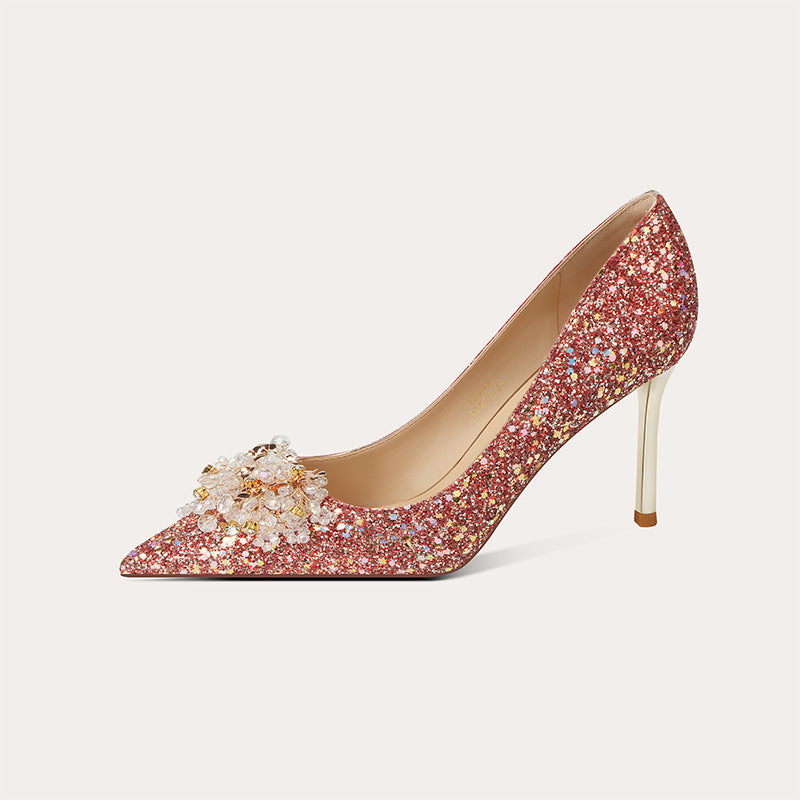 High Heels mit transparente Perlenblumen Hochzeitsschuhe