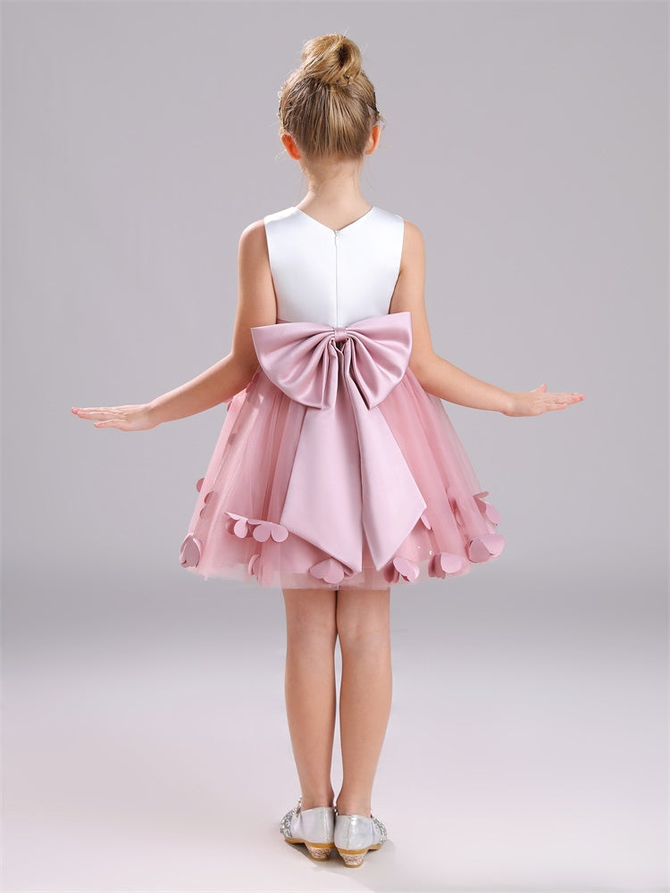 Bowknot Reißverschluss Juwel A-Linie Knielang Satin Blumenmädchen Kleid