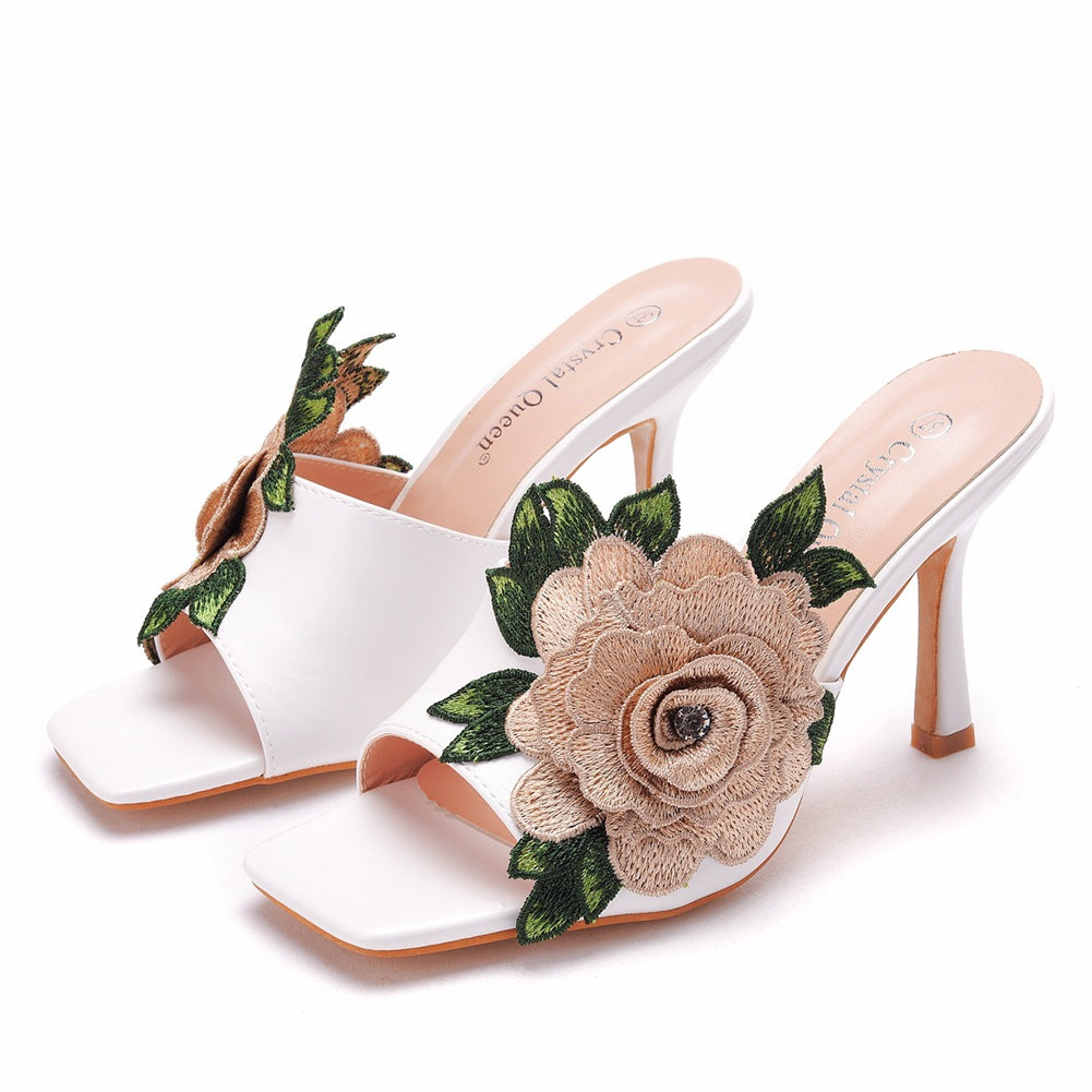 Embroidered Flower Square Toe Fish Mouth High Heeled Sandal Slippers