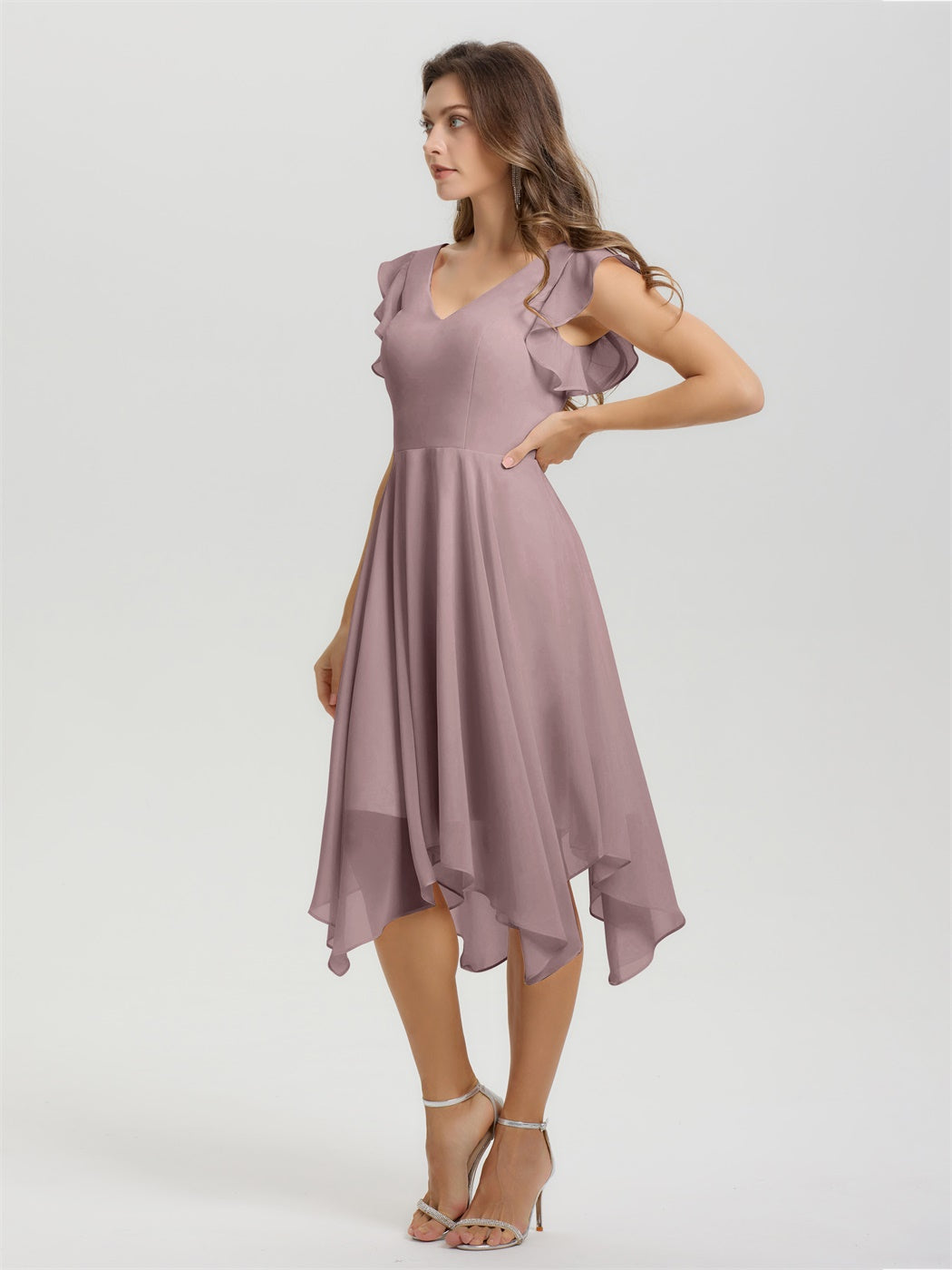 Rüschenärmel V-Ausschnitt Asymmetrisch Tee Länge Chiffon Brautjungfernkleider