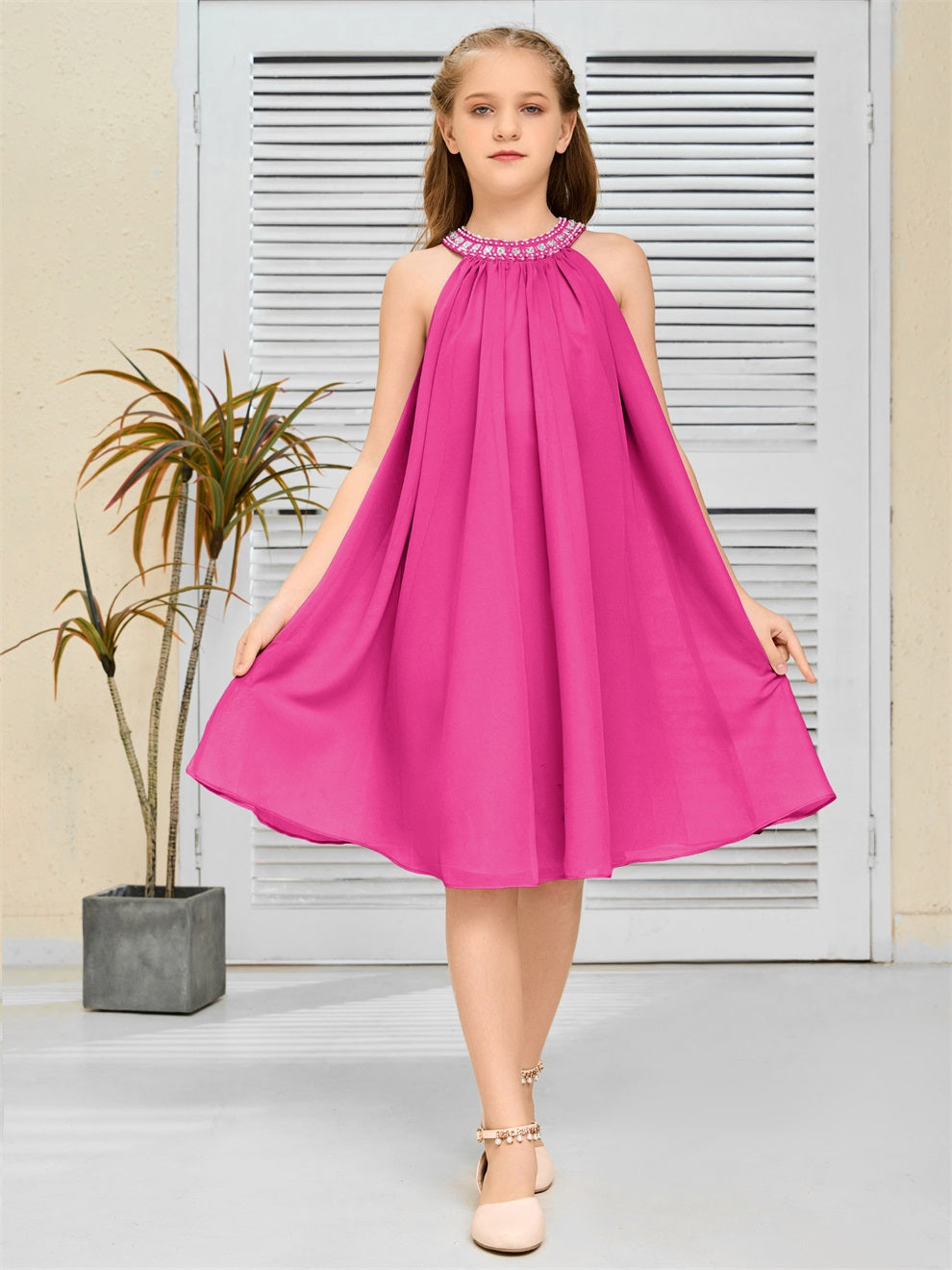 Modisches Hängekragen Chiffon Junior Brautjungfernkleid