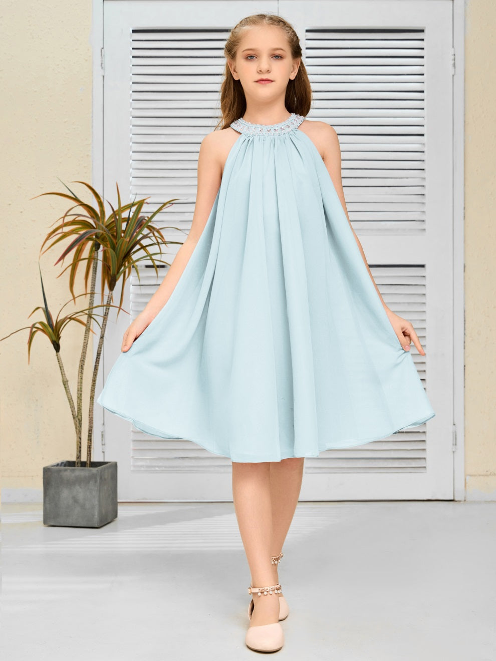 Modisches Hängekragen Chiffon Junior Brautjungfernkleid