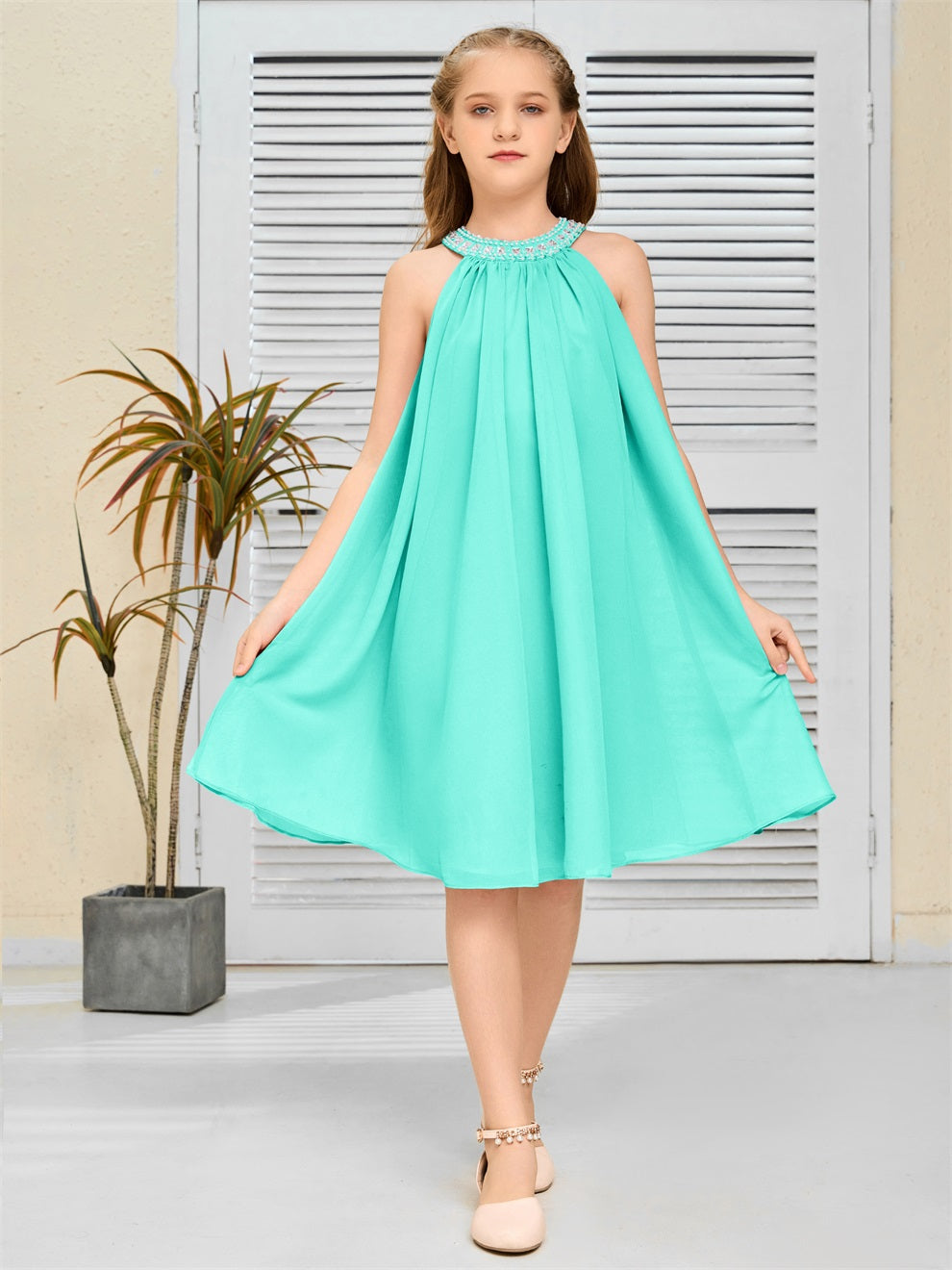 Modisches Hängekragen Chiffon Junior Brautjungfernkleid