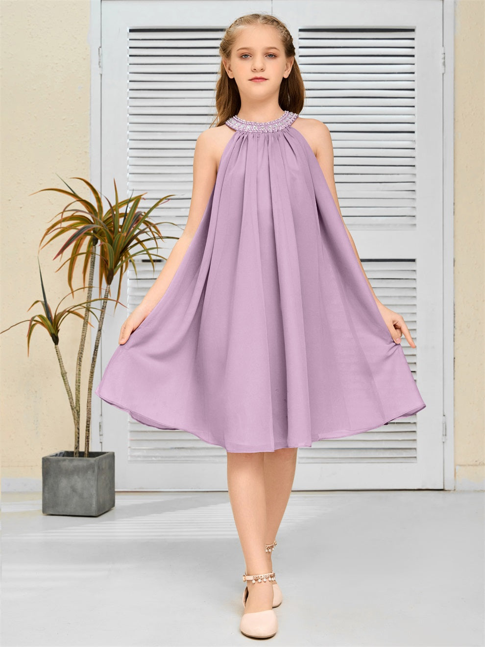 Modisches Hängekragen Chiffon Junior Brautjungfernkleid