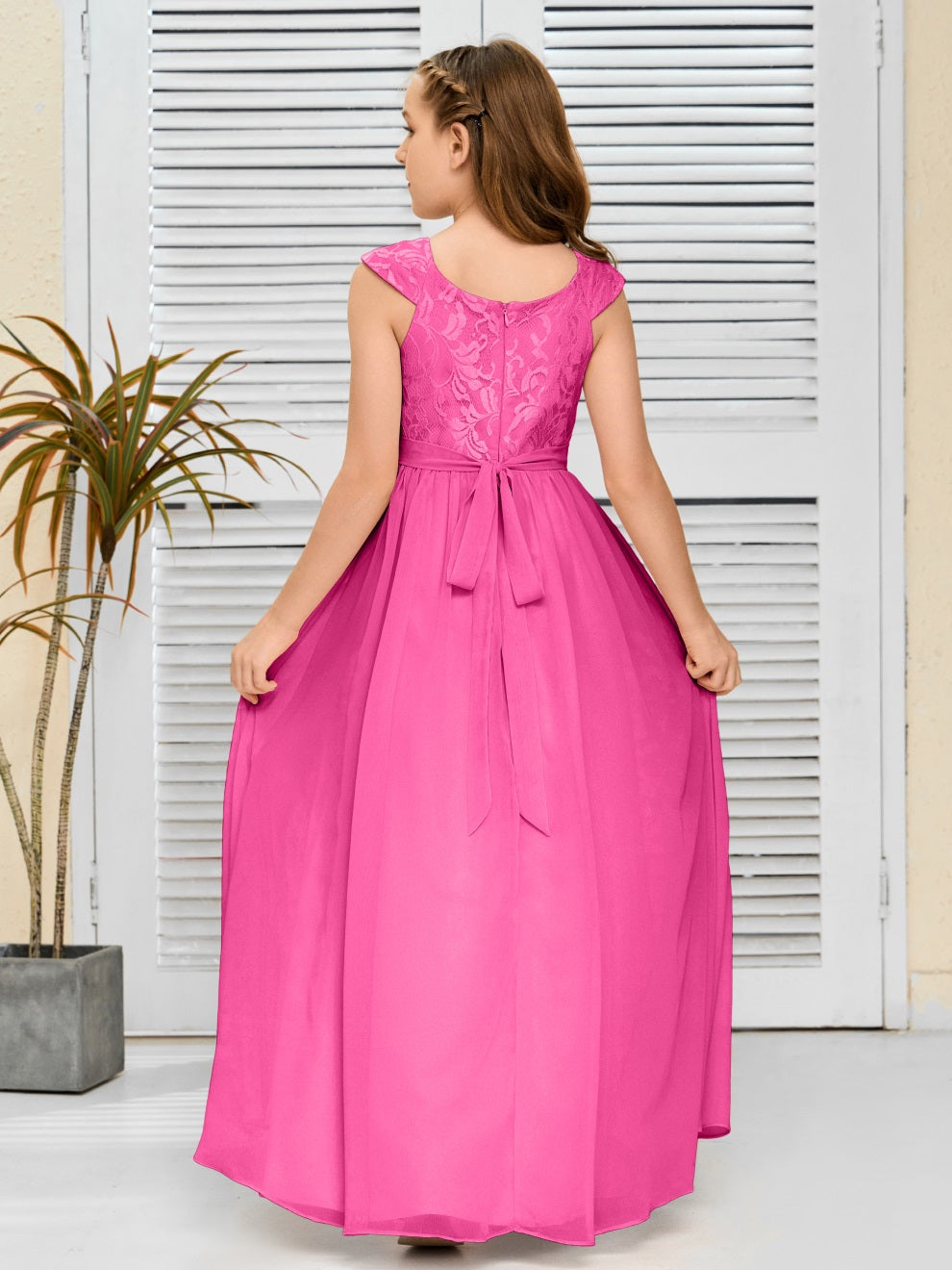 A Line Chiffon Spitze Junior Brautjungfer Kleid