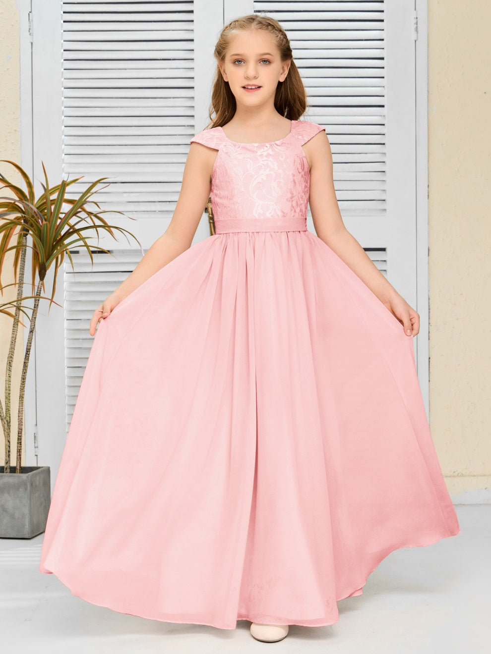 A Line Chiffon Spitze Junior Brautjungfer Kleid