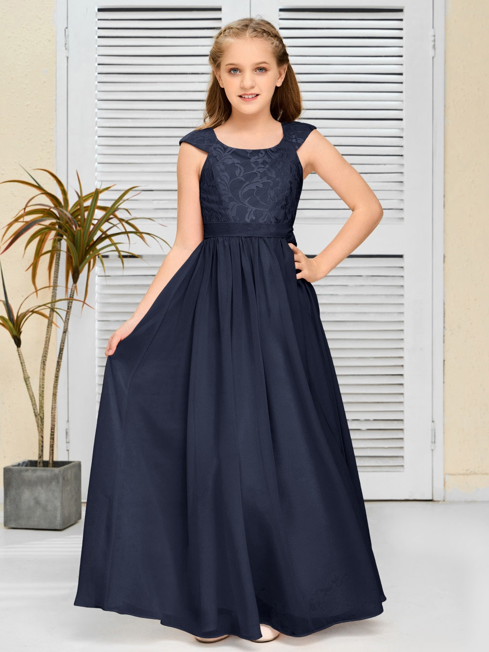 A Line Chiffon Spitze Junior Brautjungfer Kleid