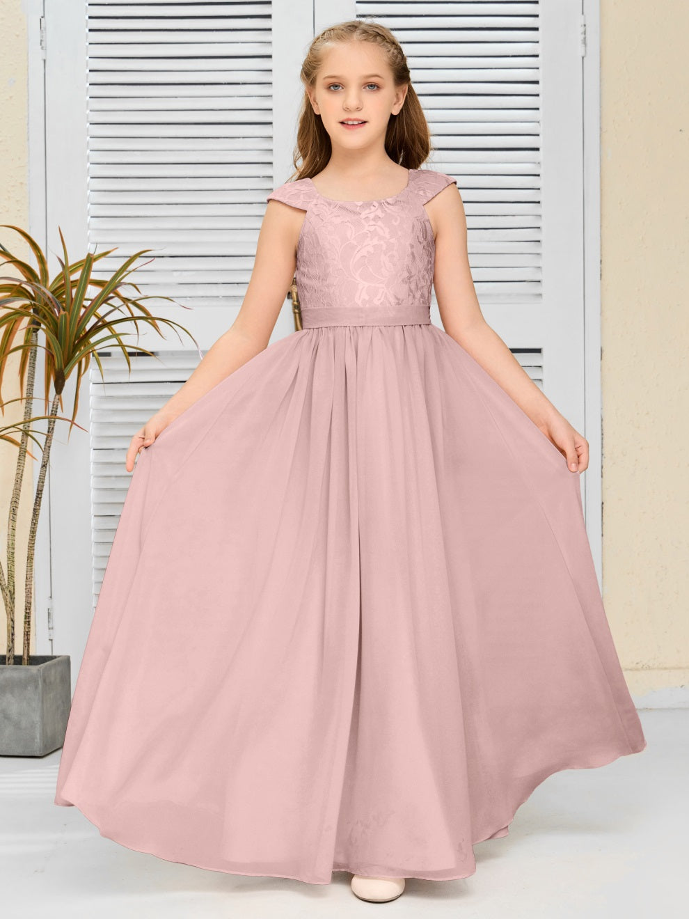 A Line Chiffon Spitze Junior Brautjungfer Kleid