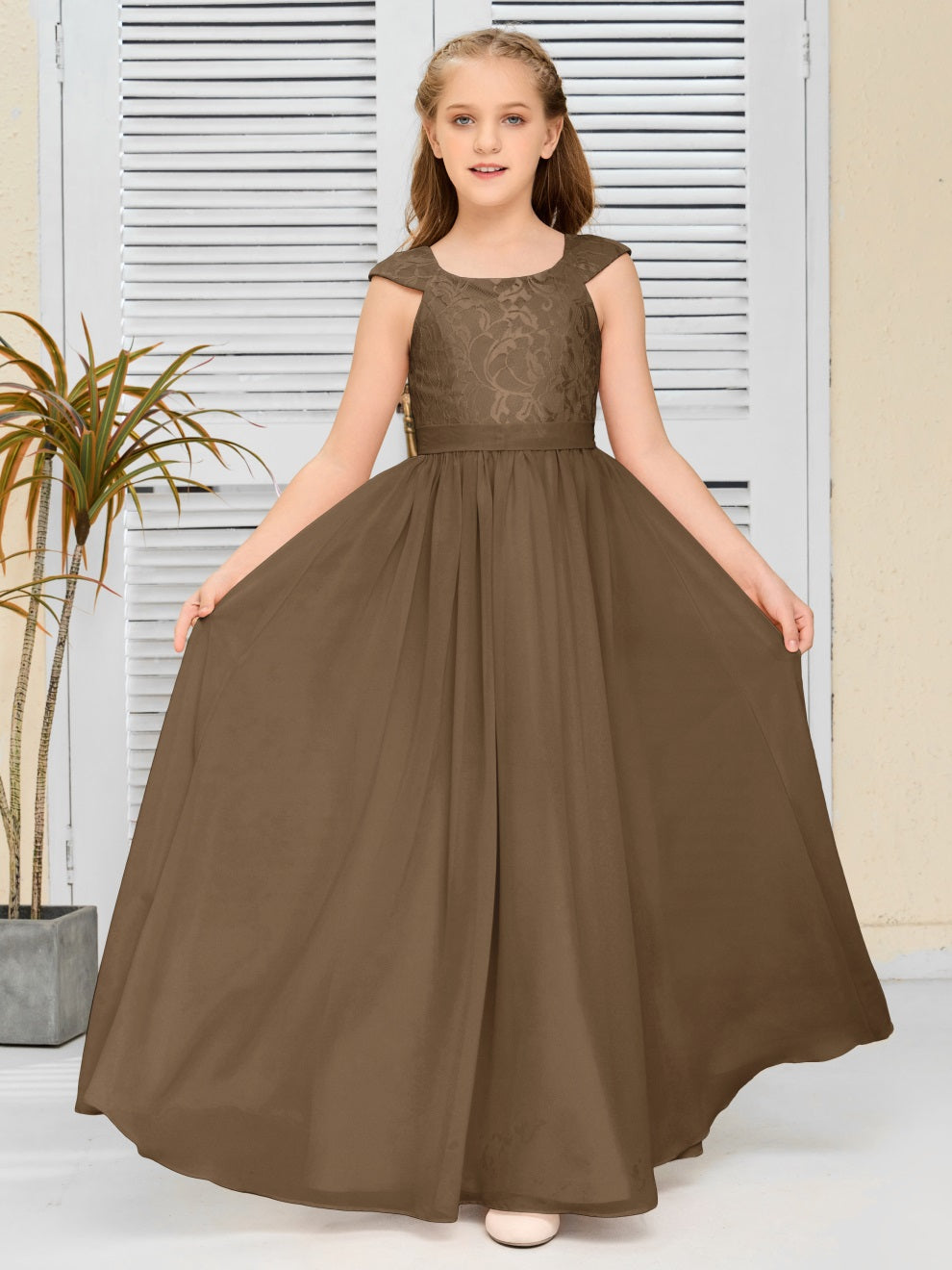 A Line Chiffon Spitze Junior Brautjungfer Kleid