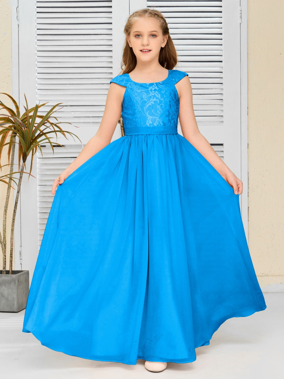 A Line Chiffon Spitze Junior Brautjungfer Kleid