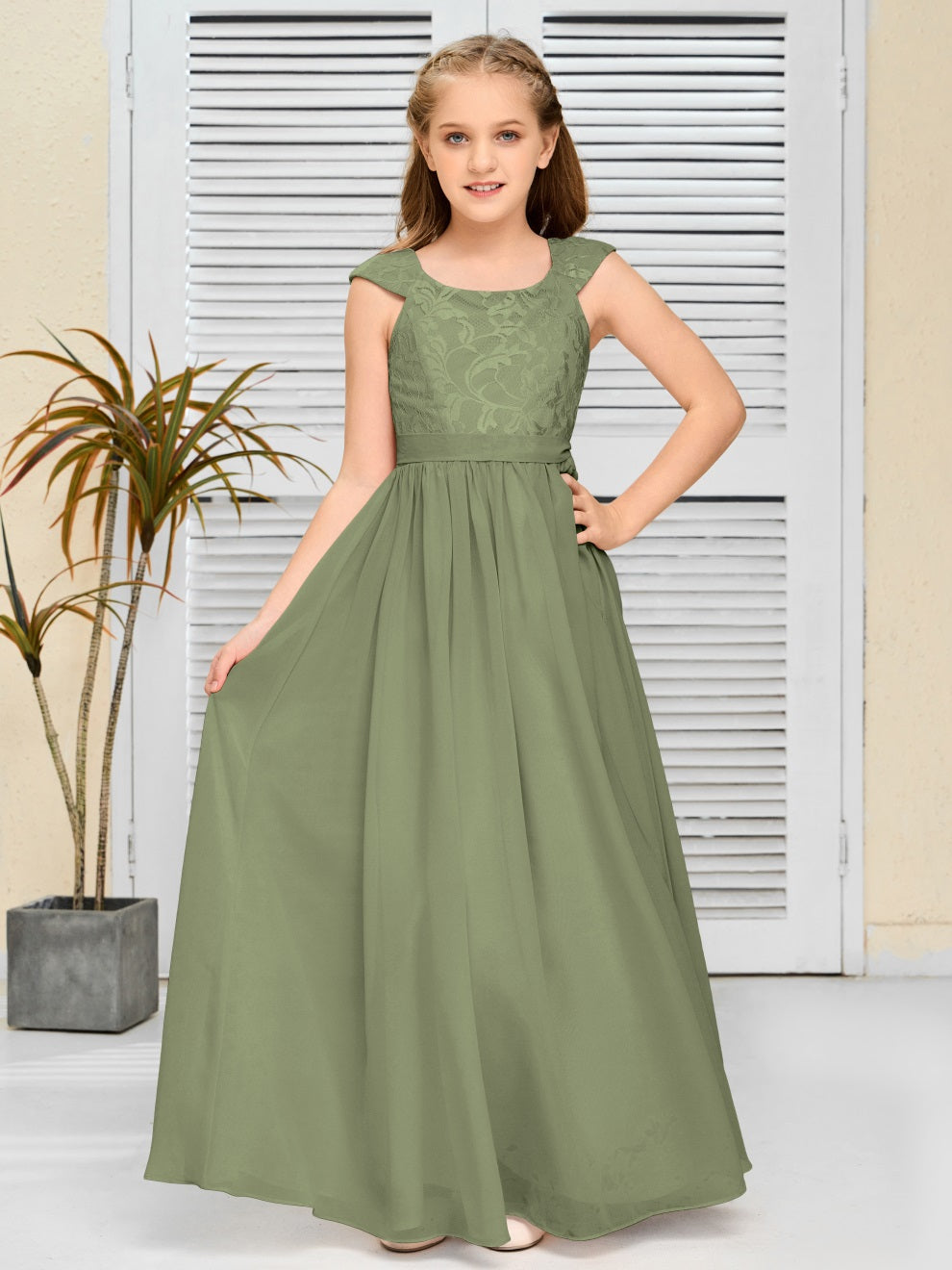 A Line Chiffon Spitze Junior Brautjungfer Kleid