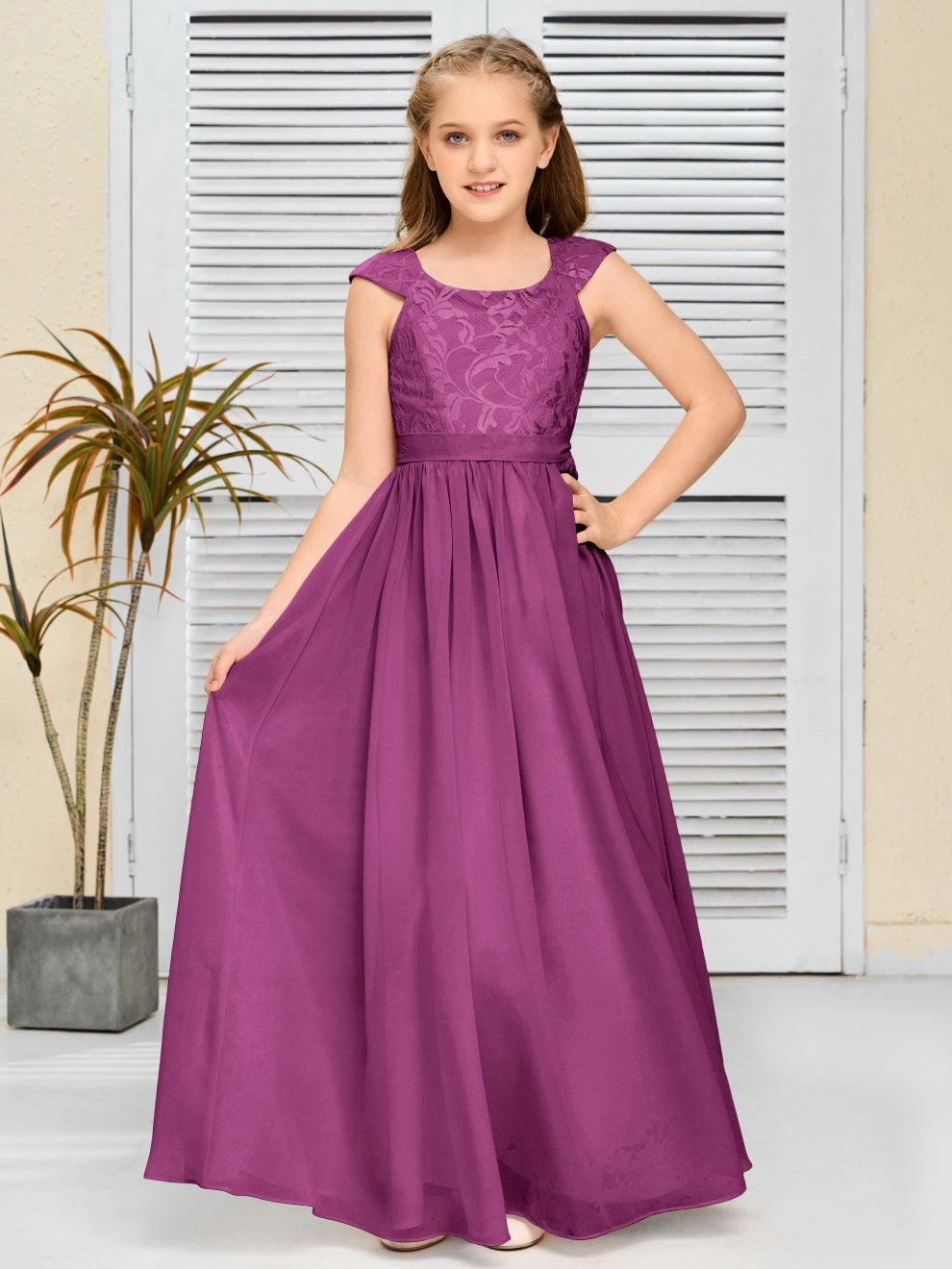 A Line Chiffon Spitze Junior Brautjungfer Kleid