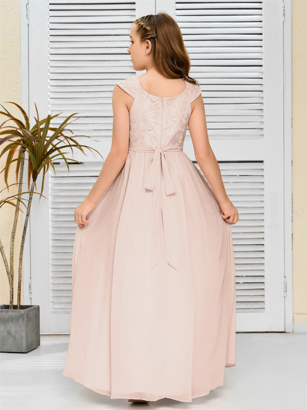 A Line Chiffon Spitze Junior Brautjungfer Kleid