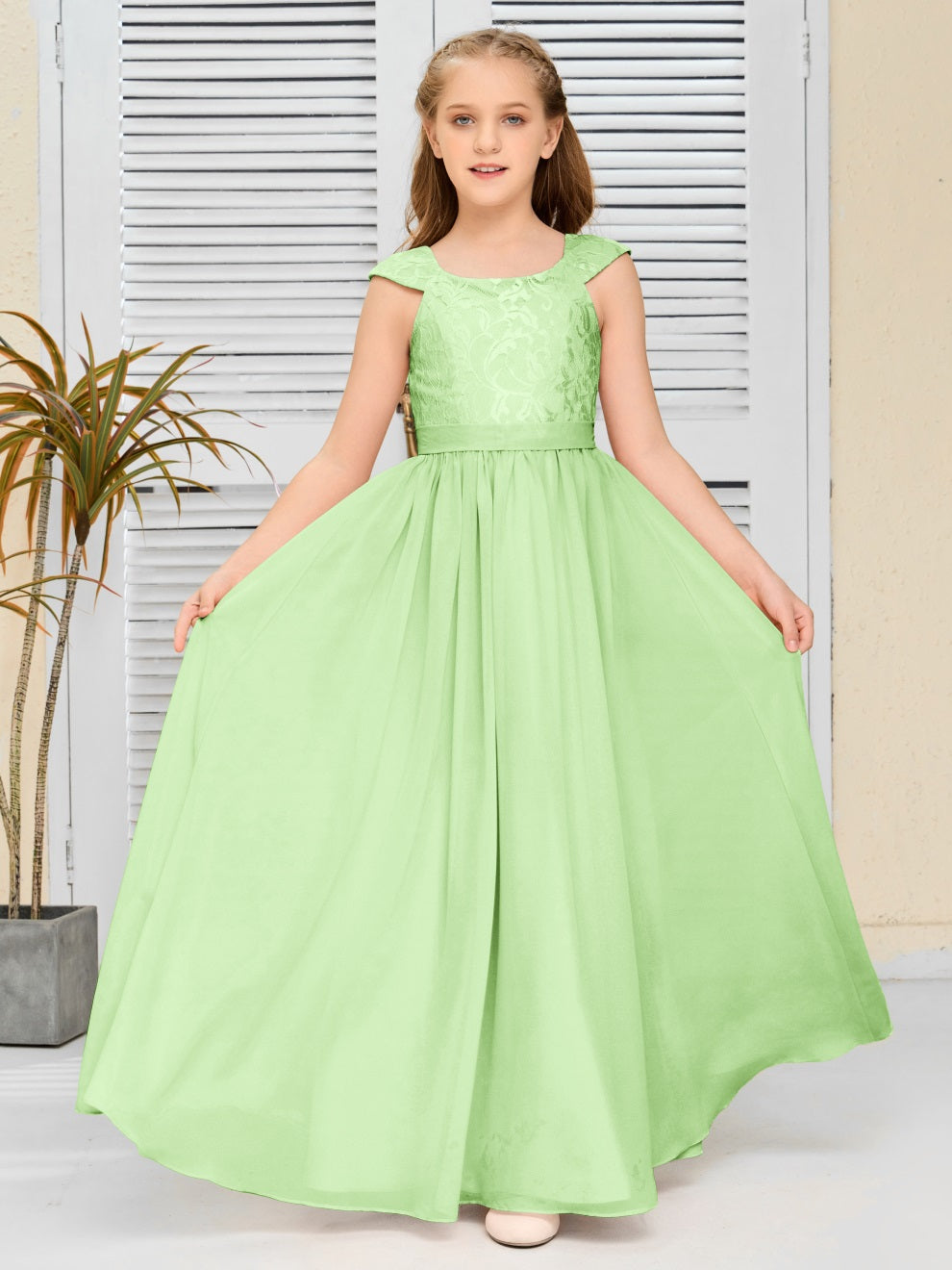 A Line Chiffon Spitze Junior Brautjungfer Kleid