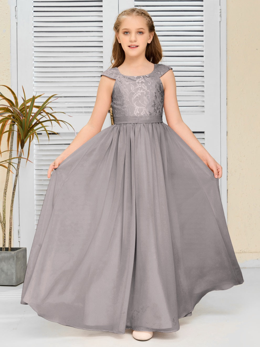 A Line Chiffon Spitze Junior Brautjungfer Kleid