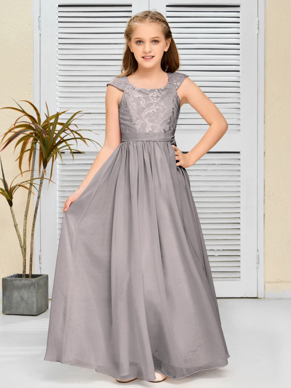 A Line Chiffon Spitze Junior Brautjungfer Kleid