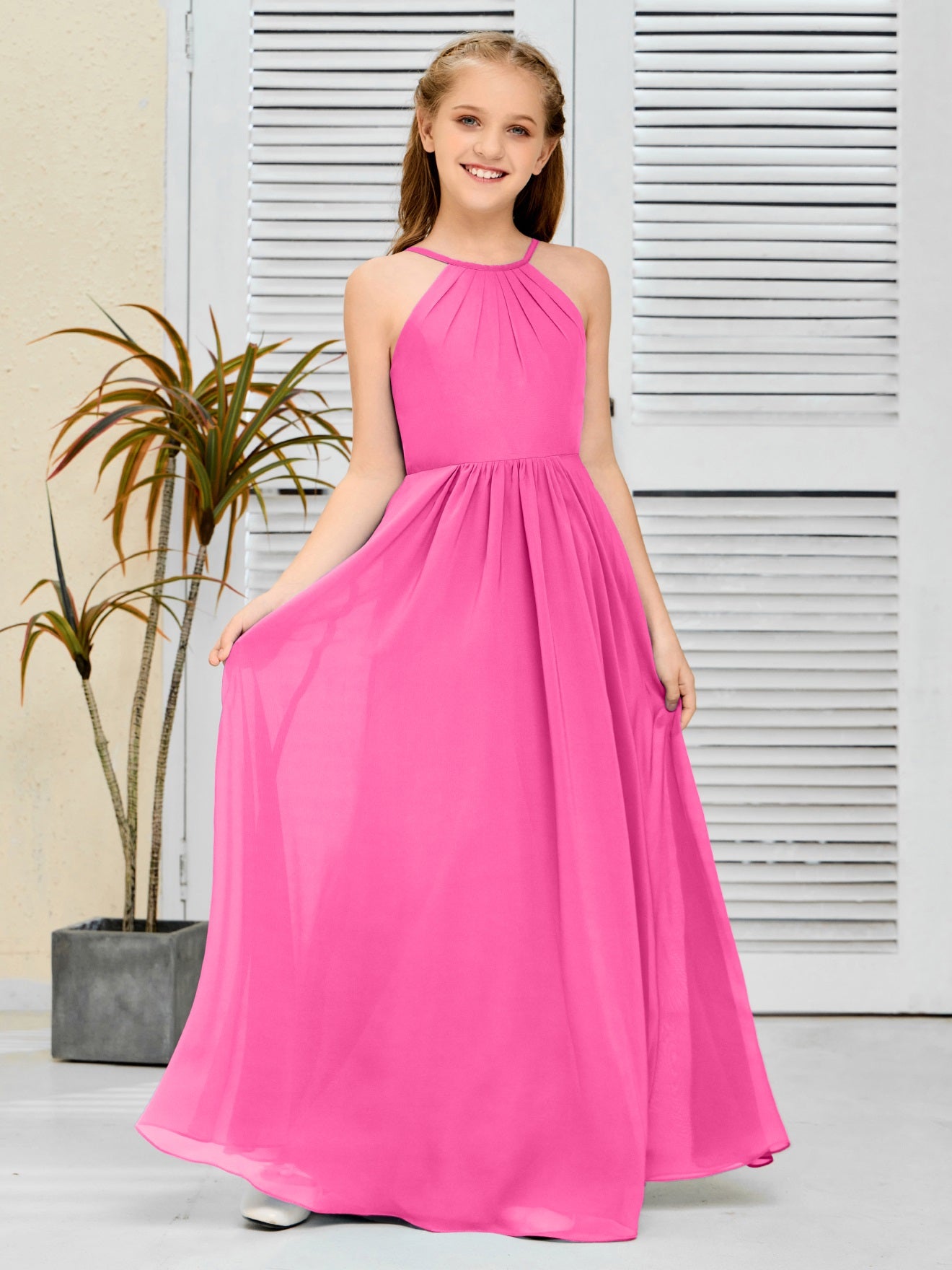 Elegantes Chiffon Junior-Brautjungfernkleid mit hängendem Ausschnitt