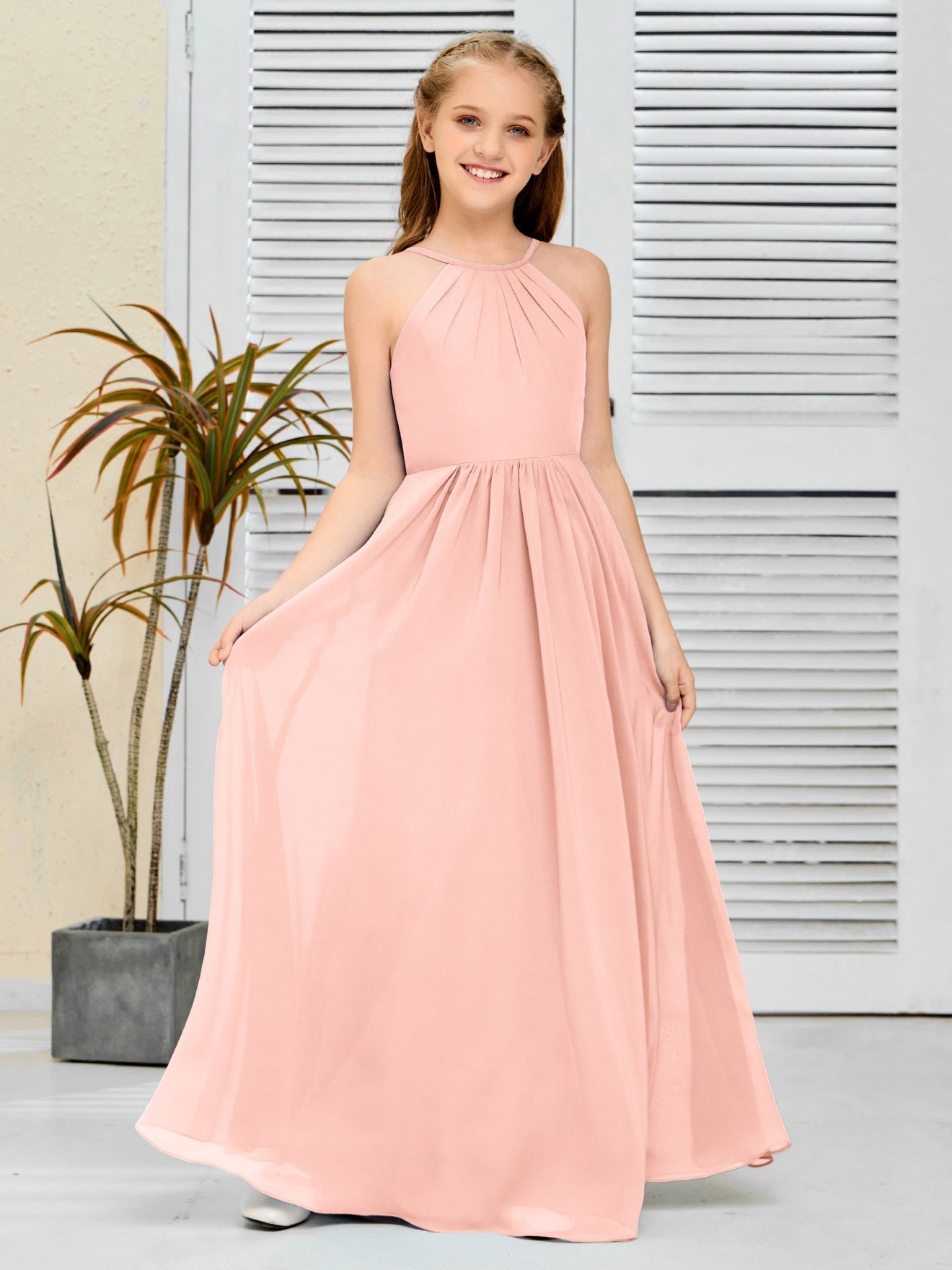 Elegantes Chiffon Junior-Brautjungfernkleid mit hängendem Ausschnitt