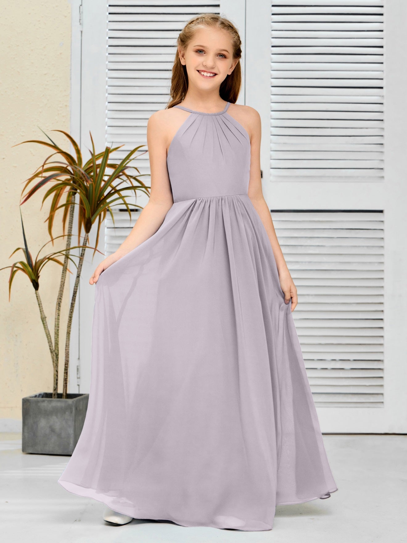 Elegantes Chiffon Junior-Brautjungfernkleid mit hängendem Ausschnitt