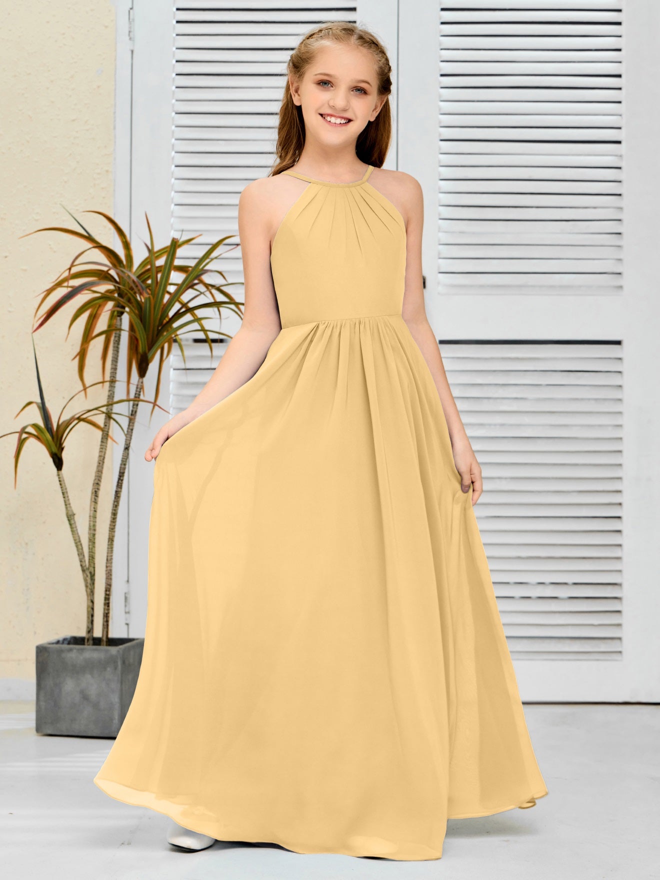 Elegantes Chiffon Junior-Brautjungfernkleid mit hängendem Ausschnitt