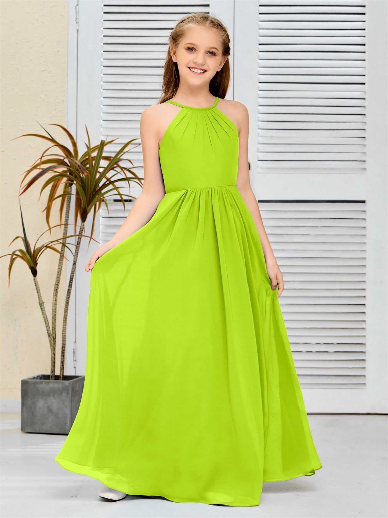 Elegantes Chiffon Junior-Brautjungfernkleid mit hängendem Ausschnitt