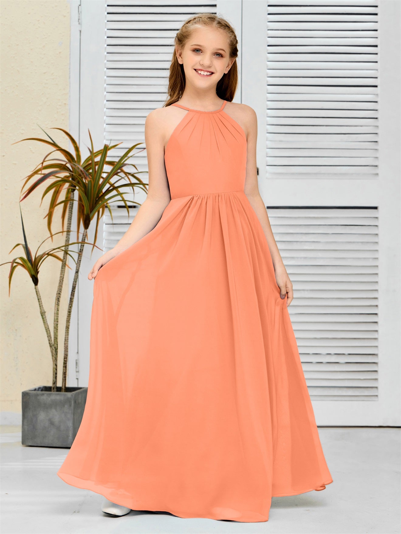 Elegantes Chiffon Junior-Brautjungfernkleid mit hängendem Ausschnitt