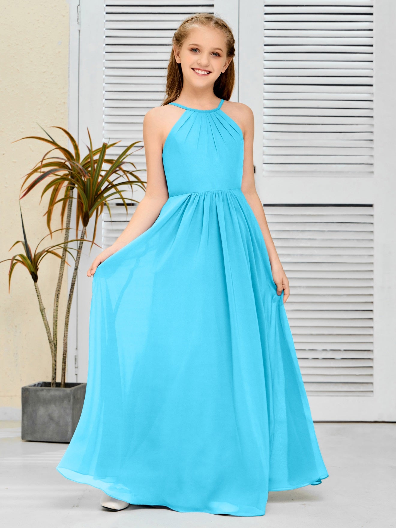 Elegantes Chiffon Junior-Brautjungfernkleid mit hängendem Ausschnitt