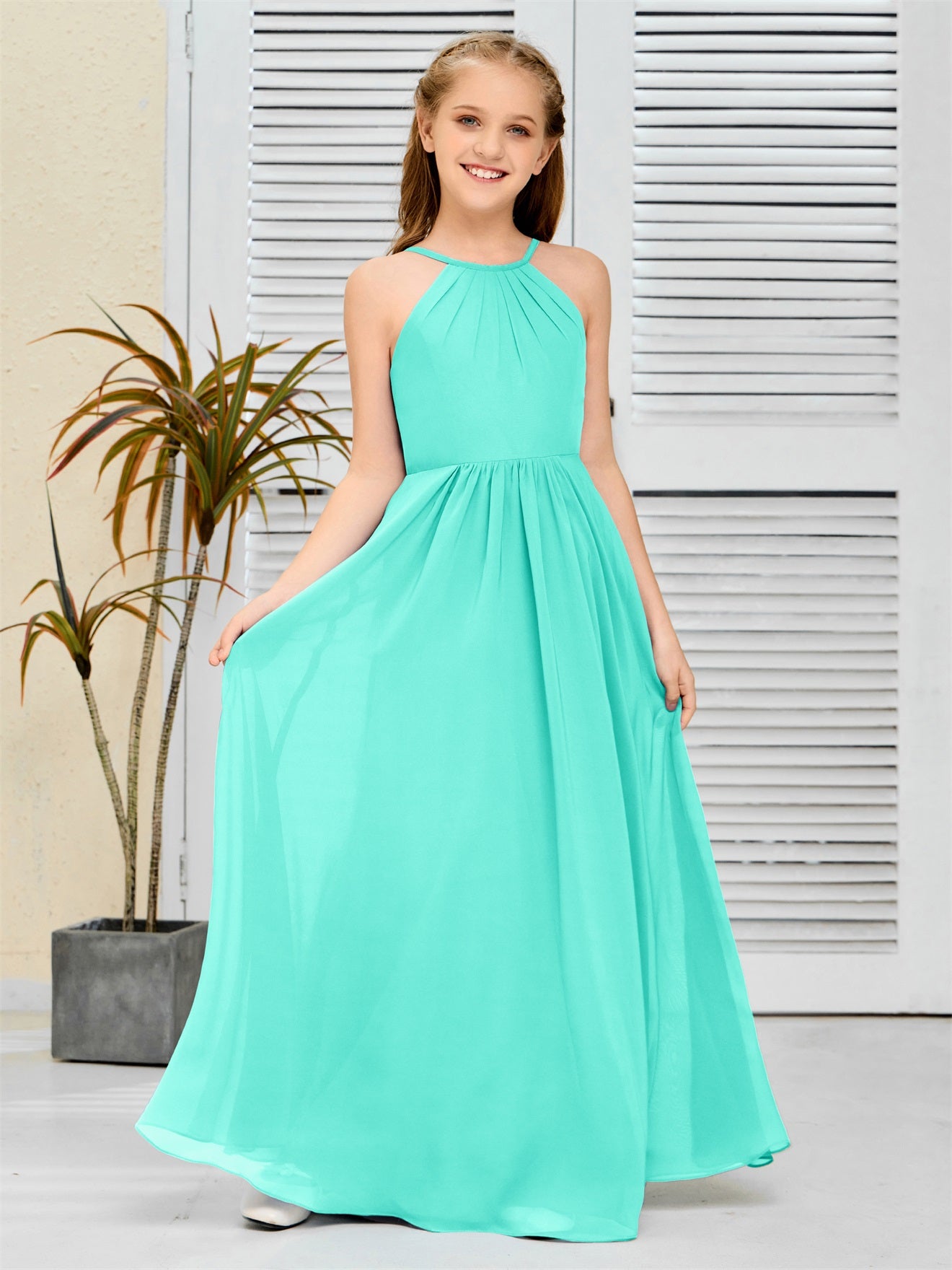 Elegantes Chiffon Junior-Brautjungfernkleid mit hängendem Ausschnitt