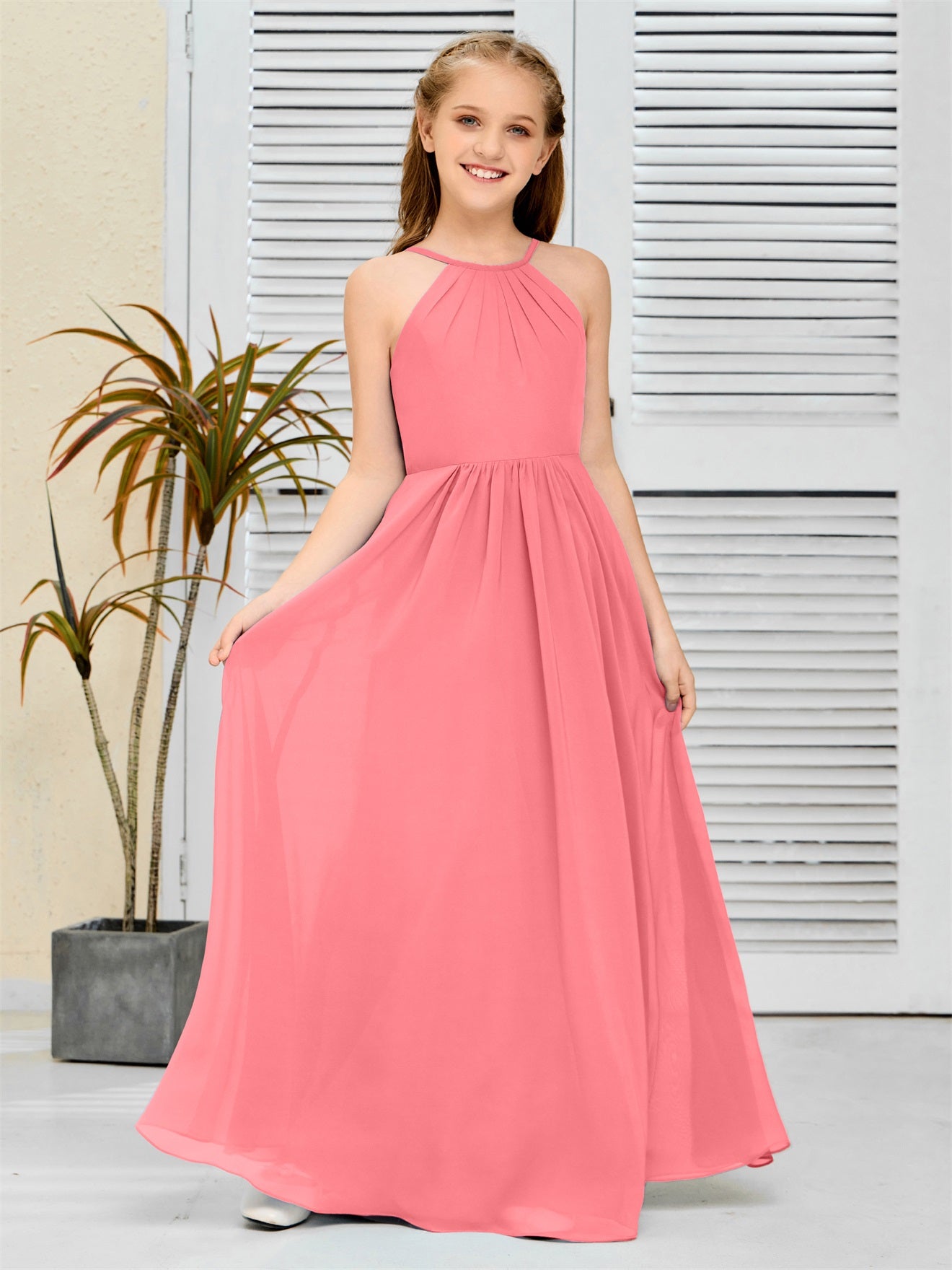 Elegantes Chiffon Junior-Brautjungfernkleid mit hängendem Ausschnitt