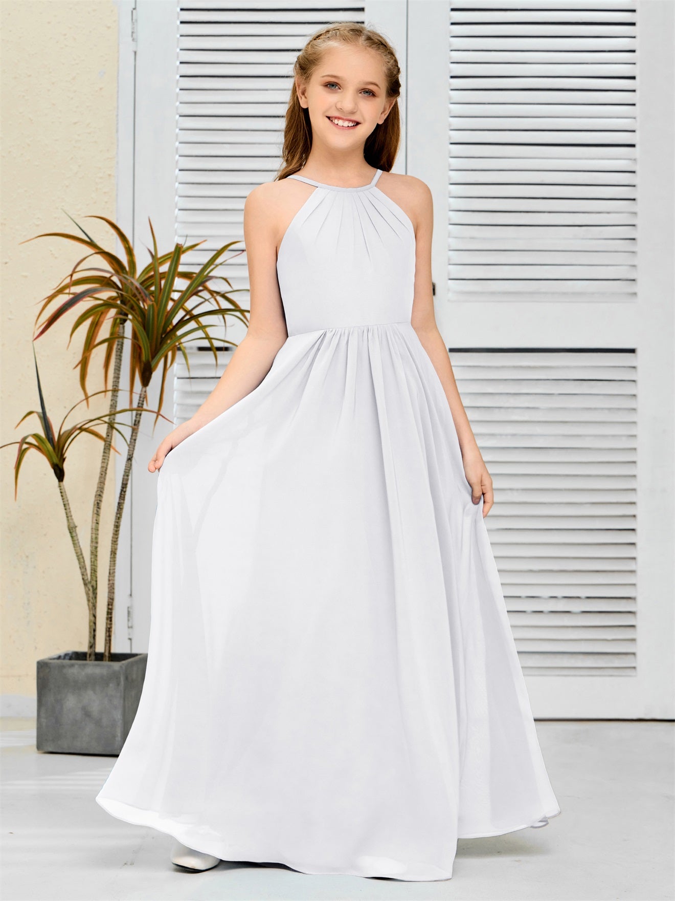 Elegantes Chiffon Junior-Brautjungfernkleid mit hängendem Ausschnitt