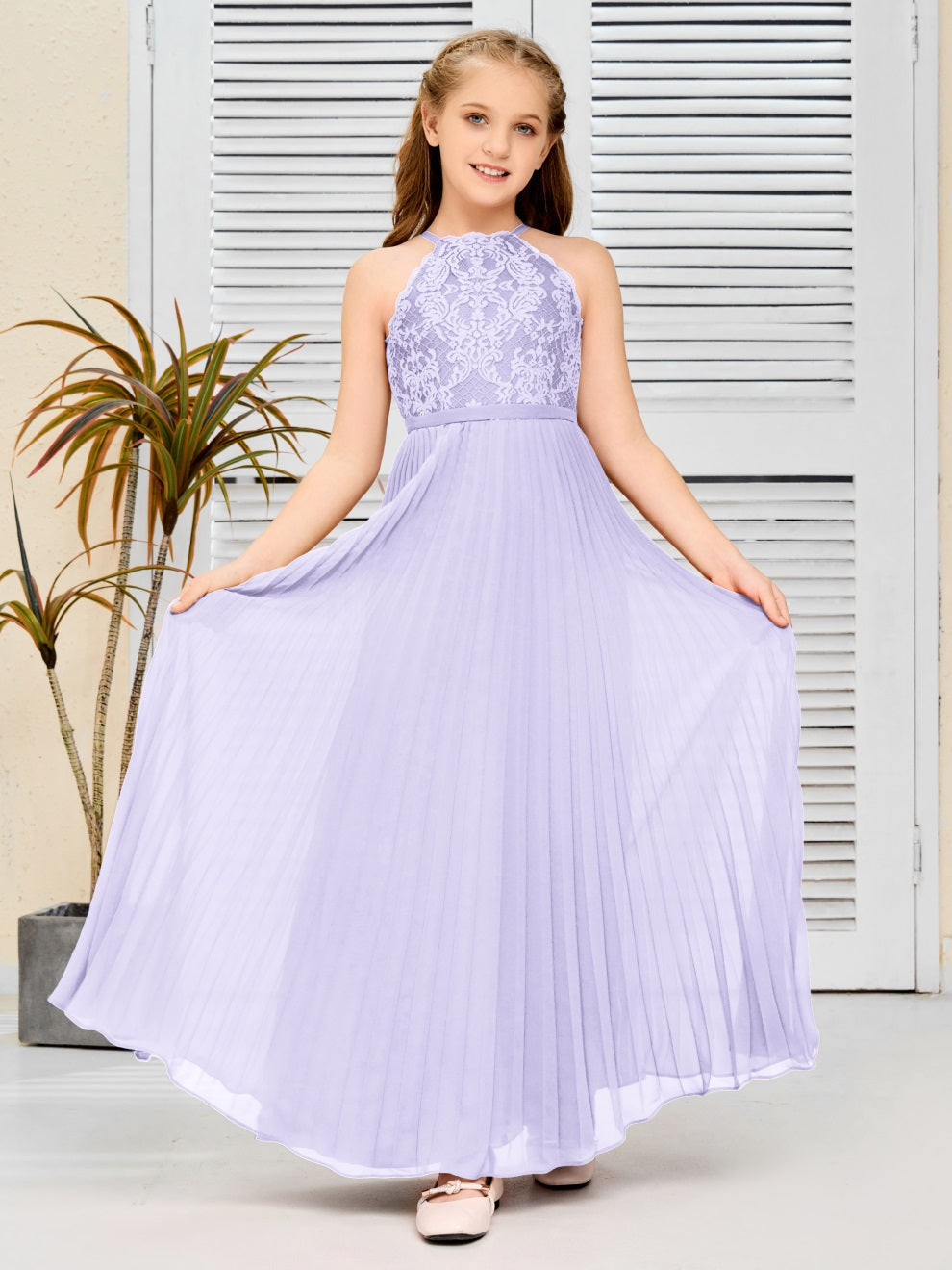 Halter A Linie Chiffon Spitze Junior Brautjungfer Kleid