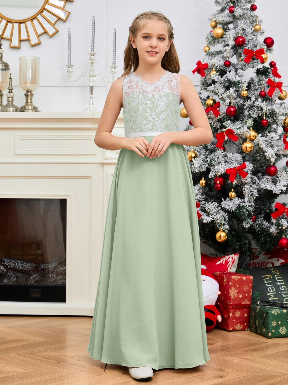 A Line V Rücken Chiffon Spitze Junior Brautjungfer Kleid